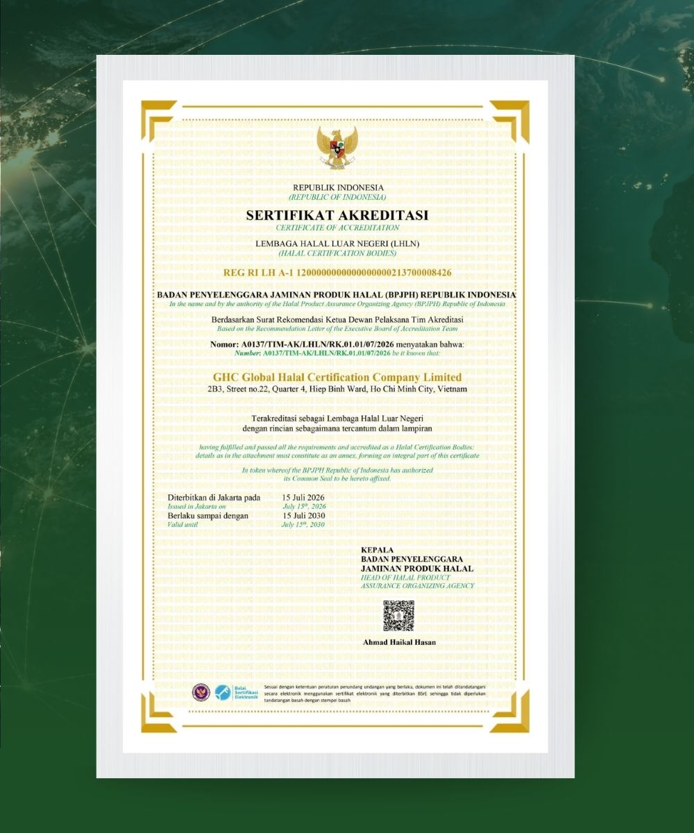 Chứng chỉ công nhận Tổ chức chứng nhận Halal nước ngoài (LHLN) do BPJPH Indonesia cấp cho GHC