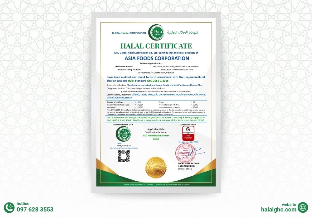 Chứng nhận Halal do GHC cấp cho Asia Foods Corporation