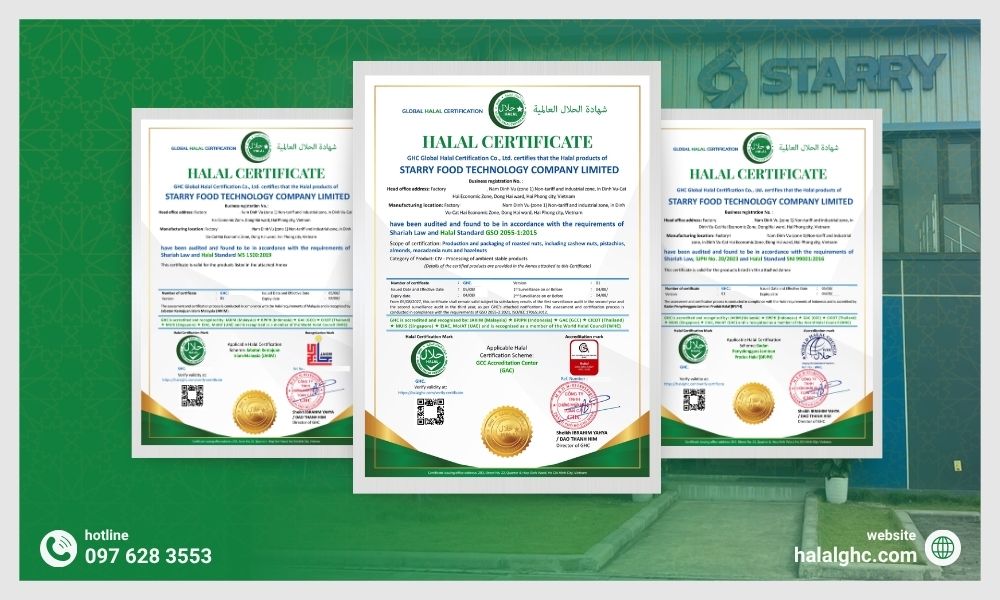 3 chứng nhận Halal theo 3 tiêu chuẩn GAC, JAKIM, BPJPH do GHC cấp cho Starry Food Technology